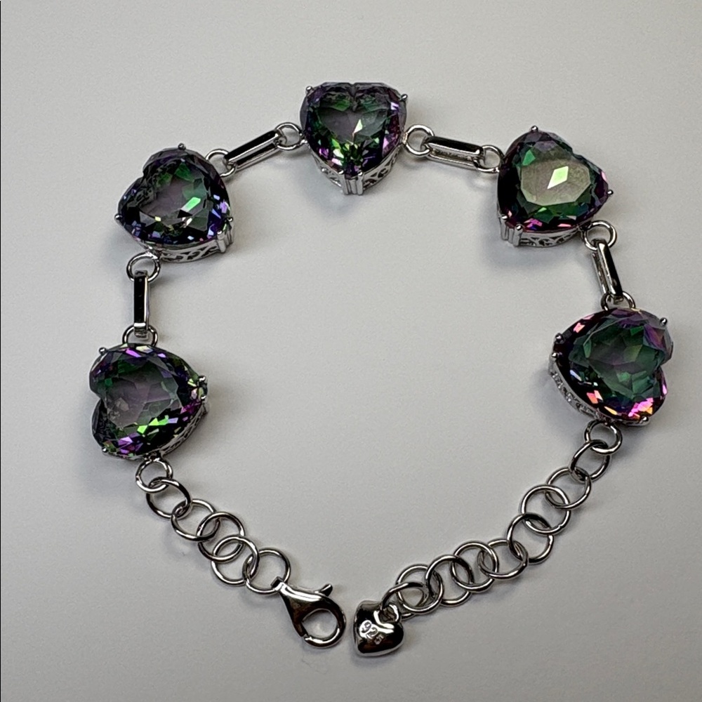 925 Sterling Silver Heart-Shaped Simulated Mystic Topaz Bracelet